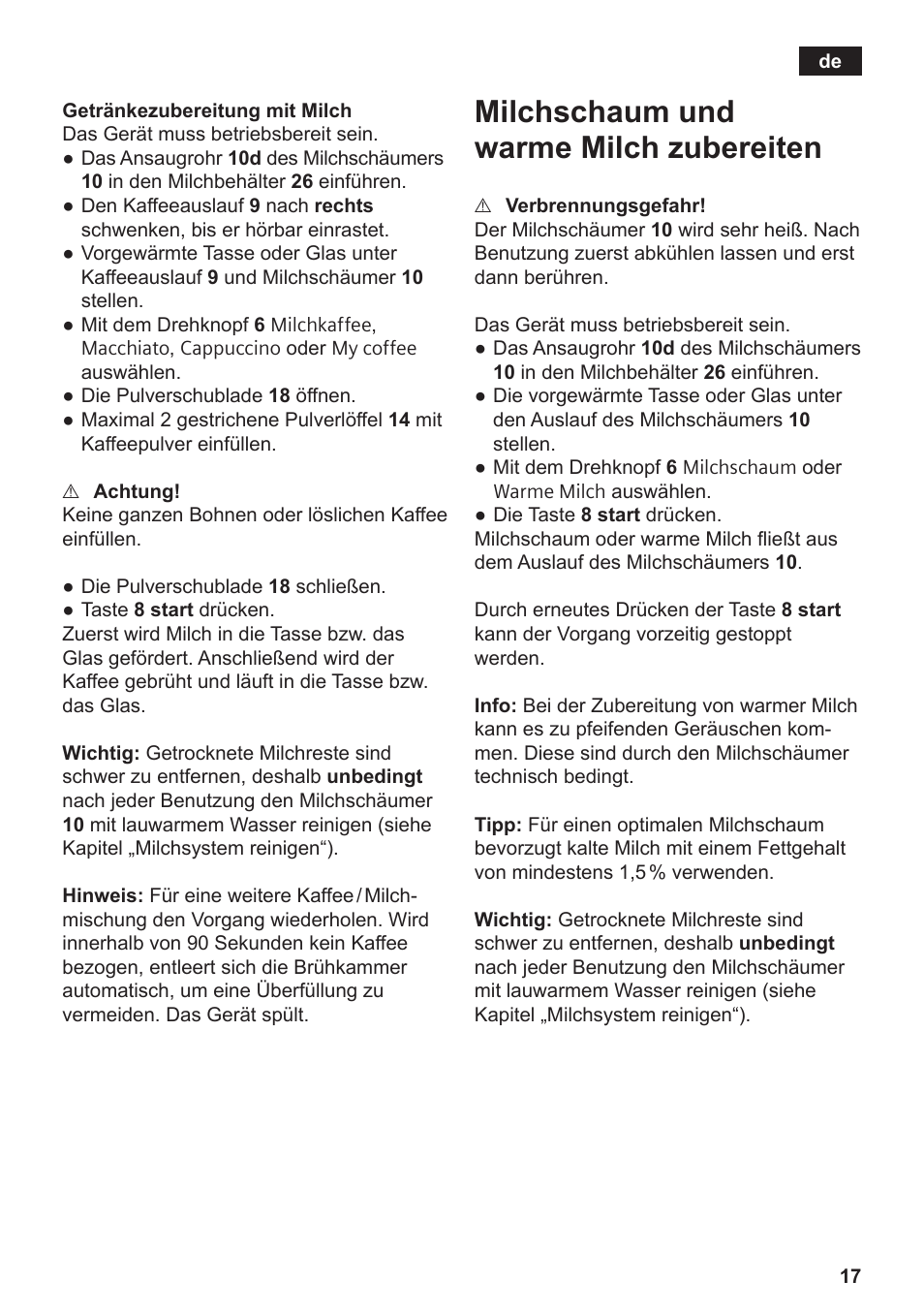 Milchschaum und warme milch zubereiten | Siemens TE809501DE User Manual | Page 21 / 120