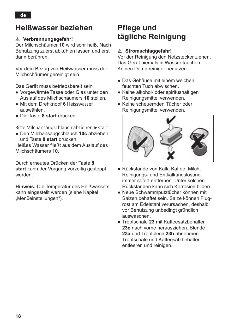 Heißwasser beziehen, Pflege und tägliche reinigung | Siemens TE809501DE User Manual | Page 22 / 120