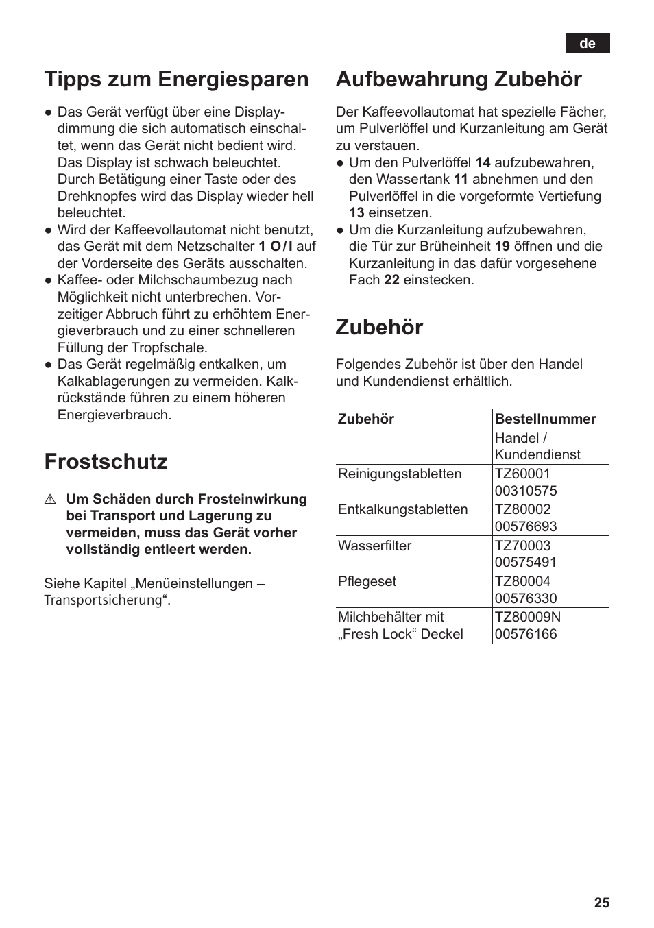 Tipps zum energiesparen, Frostschutz, Aufbewahrung zubehör | Zubehör | Siemens TE809501DE User Manual | Page 29 / 120