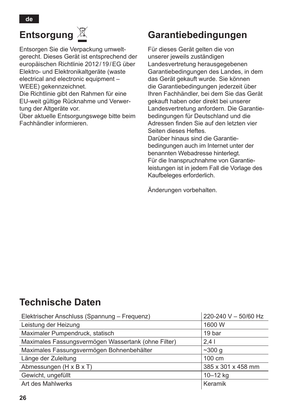 Entsorgung, Garantiebedingungen, Technische daten | Siemens TE809501DE User Manual | Page 30 / 120