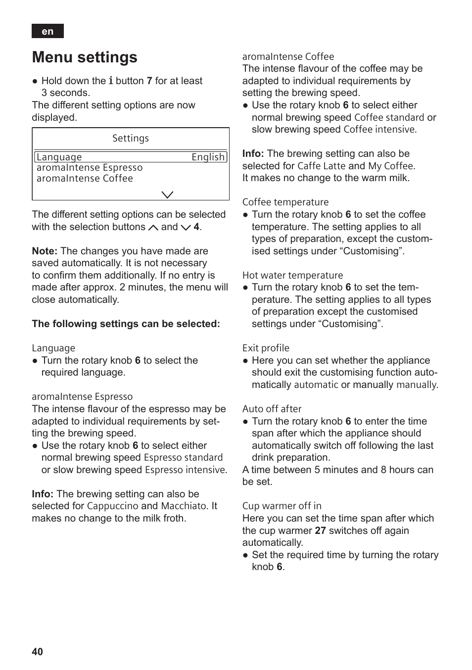 Menu settings | Siemens TE809501DE User Manual | Page 44 / 120