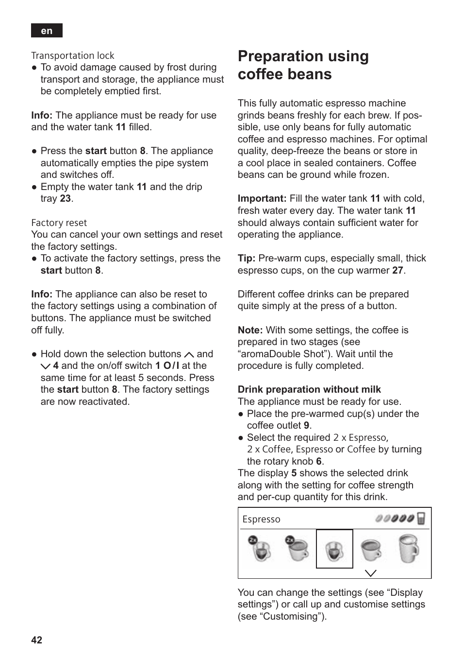 Preparation using coffee beans | Siemens TE809501DE User Manual | Page 46 / 120