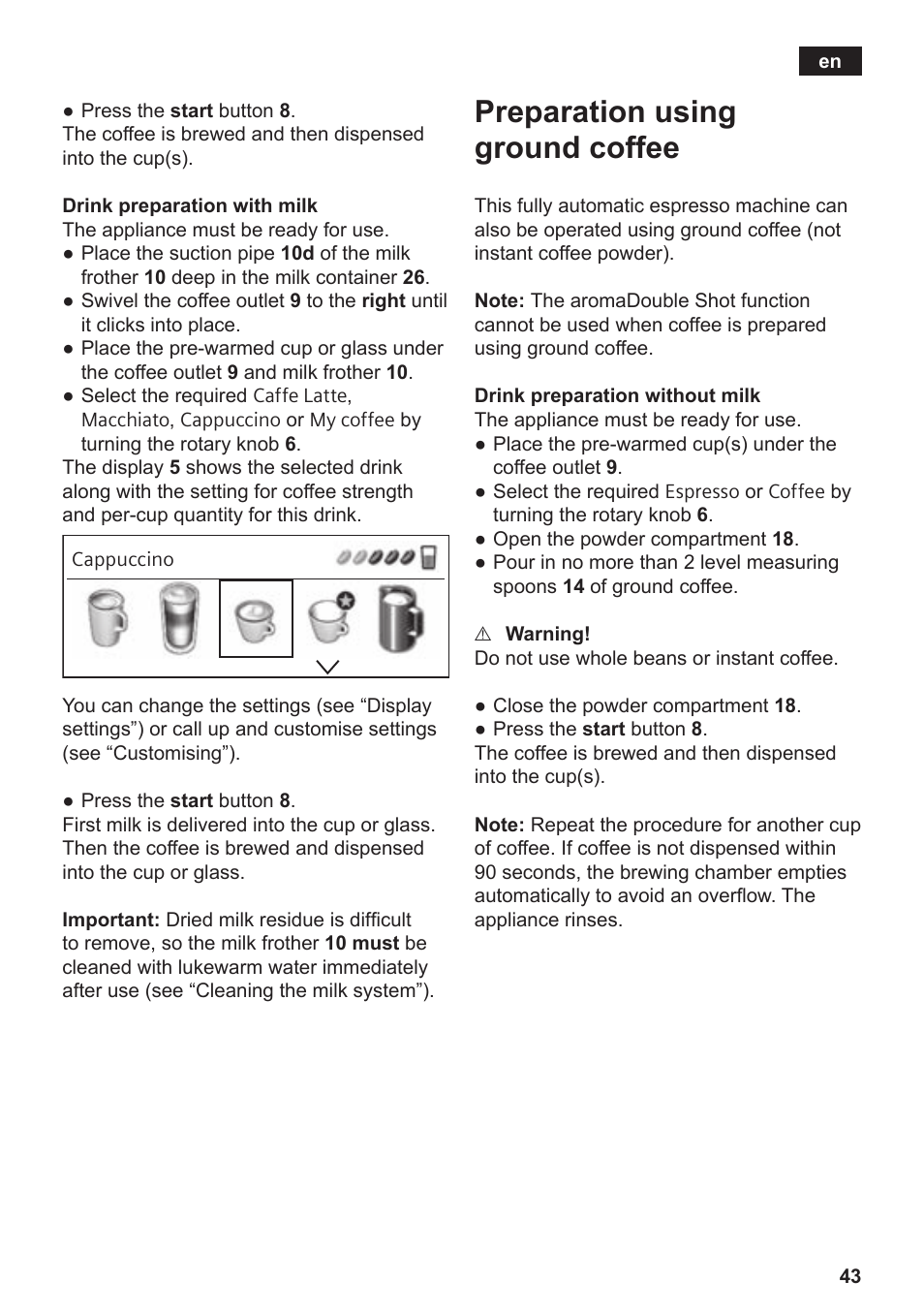 Preparation using ground coffee | Siemens TE809501DE User Manual | Page 47 / 120