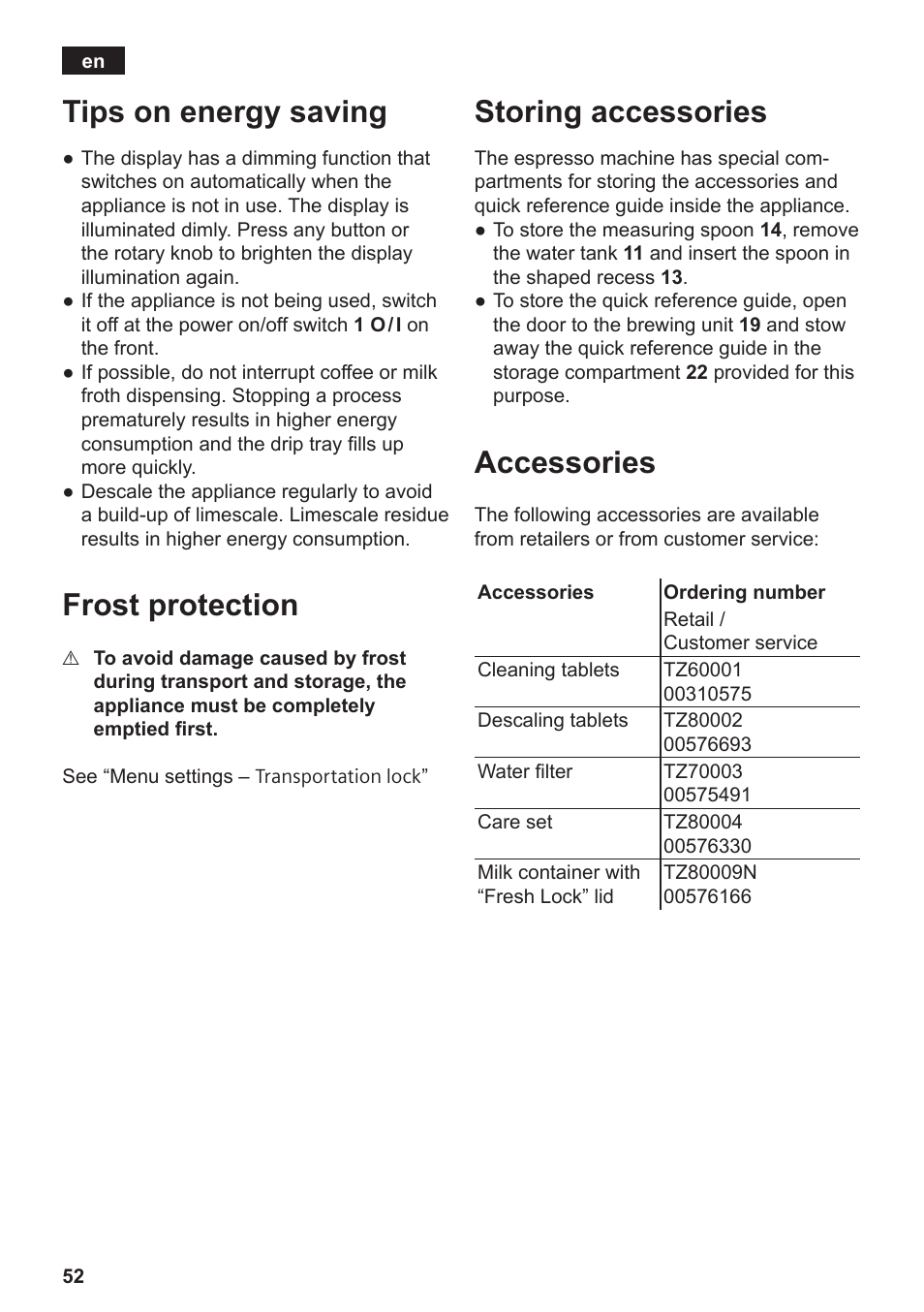 Tips on energy saving, Frost protection, Storing accessories | Accessories | Siemens TE809501DE User Manual | Page 56 / 120