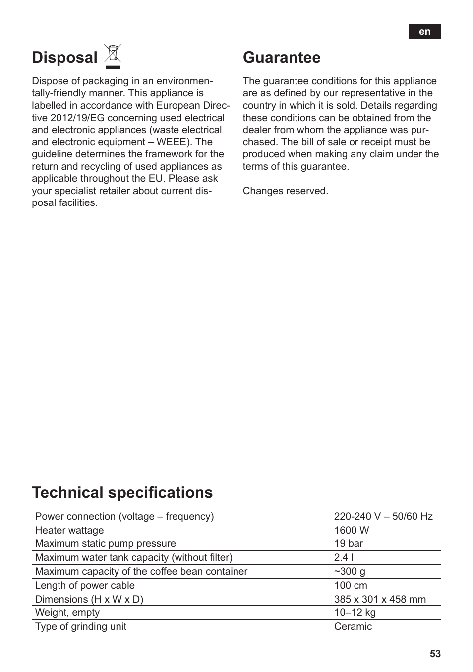 Disposal, Guarantee, Technical specifications | Siemens TE809501DE User Manual | Page 57 / 120