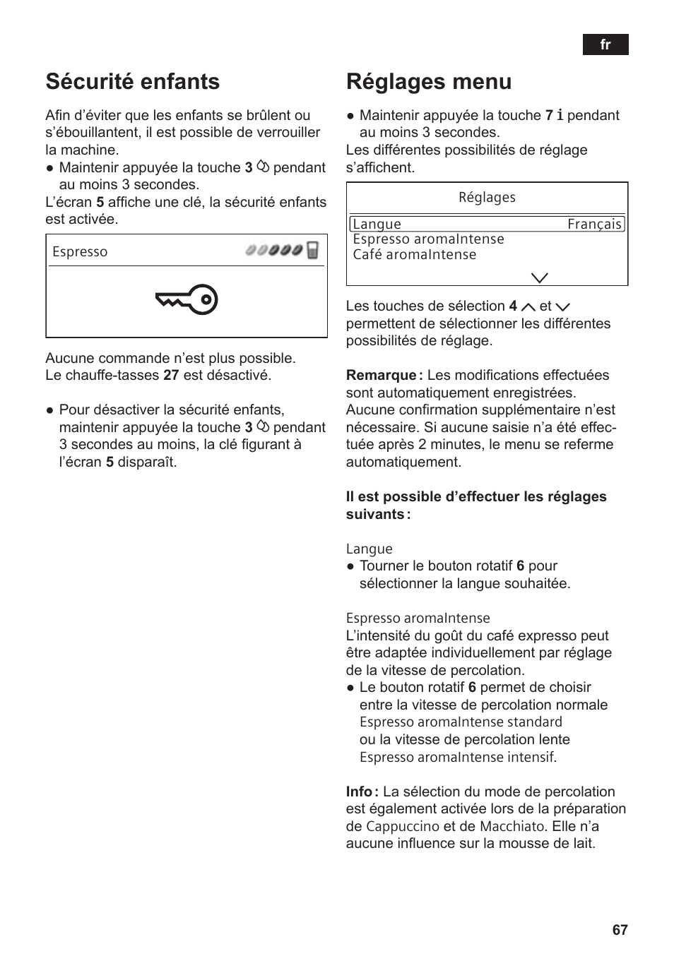 Sécurité enfants, Réglages menu | Siemens TE809501DE User Manual | Page 71 / 120