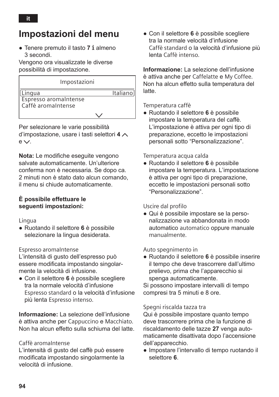 Impostazioni del menu | Siemens TE809501DE User Manual | Page 98 / 120