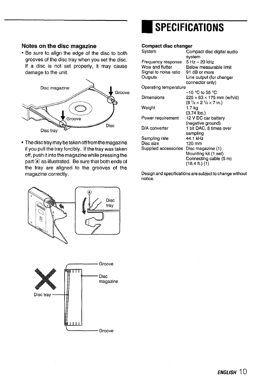 Notes on the disc magazine, Specifications | Aiwa ADC M55YU User Manual | Page 11 / 33