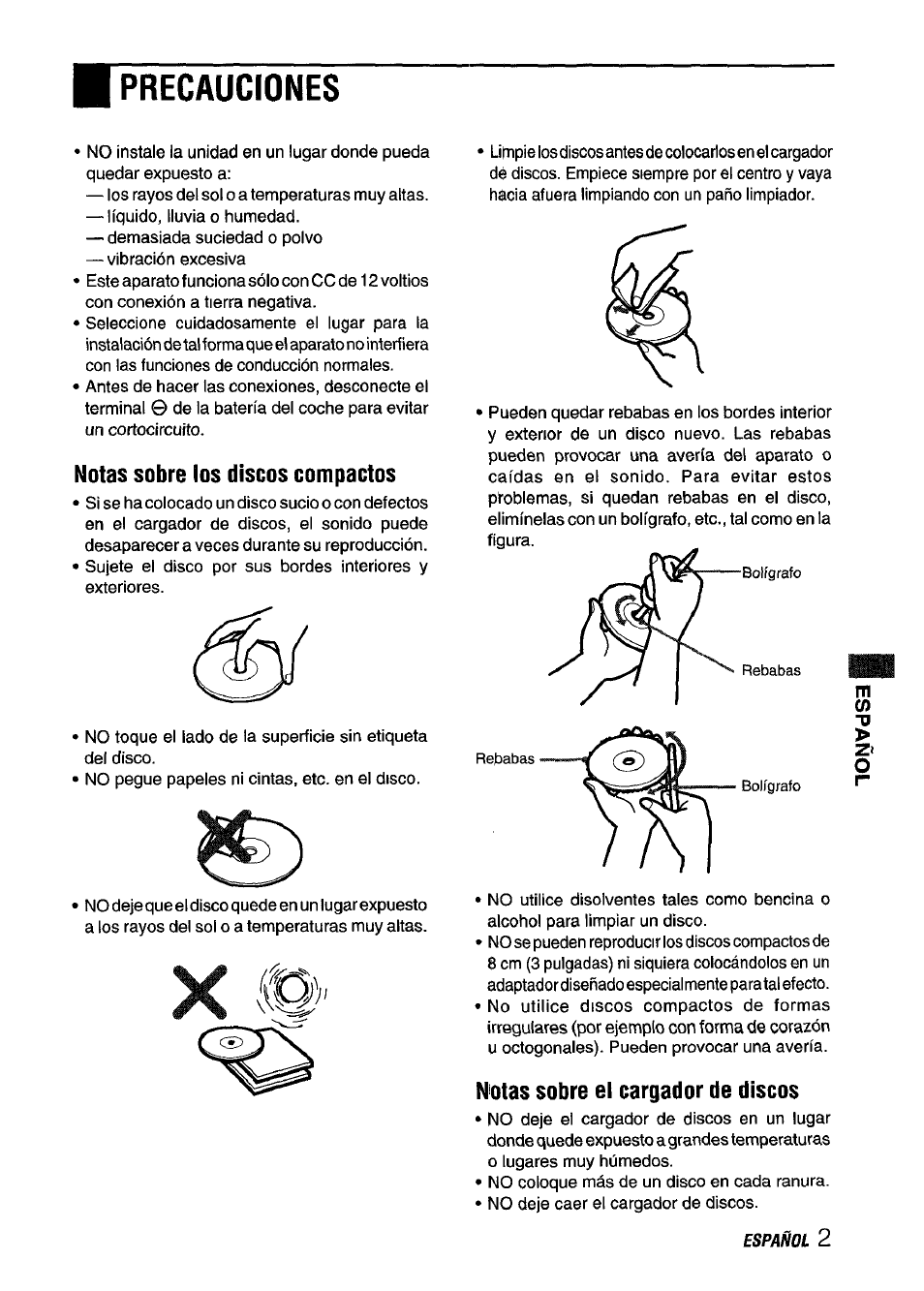Notas sobre los discos compactos, Notas sobre el cargador de discos, Precauciones | Aiwa ADC M55YU User Manual | Page 13 / 33