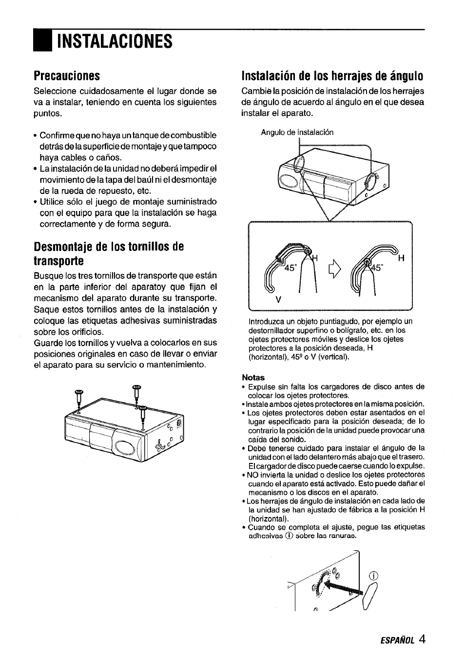 Precauciones, Desmontaje de los tornillos de transporte, Instalación de los herrajes de ángulo | Instalaciones, N eí | Aiwa ADC M55YU User Manual | Page 15 / 33