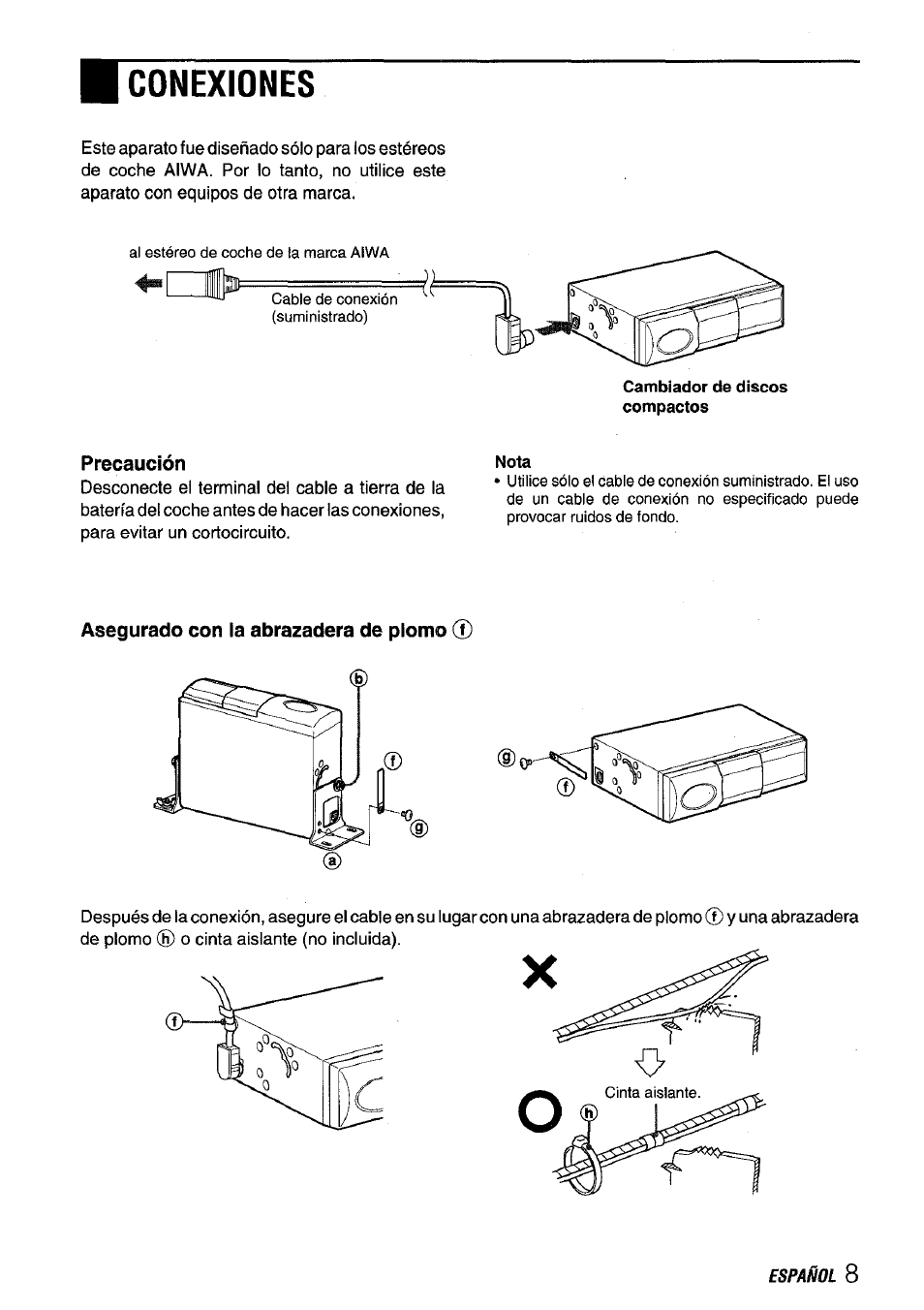 Precaución, Asegurado con la abrazadera de plomo 0, Conexiones | Aiwa ADC M55YU User Manual | Page 19 / 33
