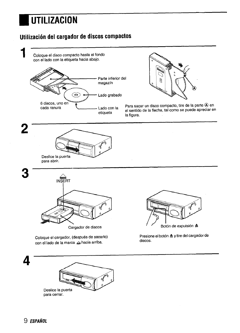 Utilización dei cargador de discos compactos, Utilizacion | Aiwa ADC M55YU User Manual | Page 20 / 33