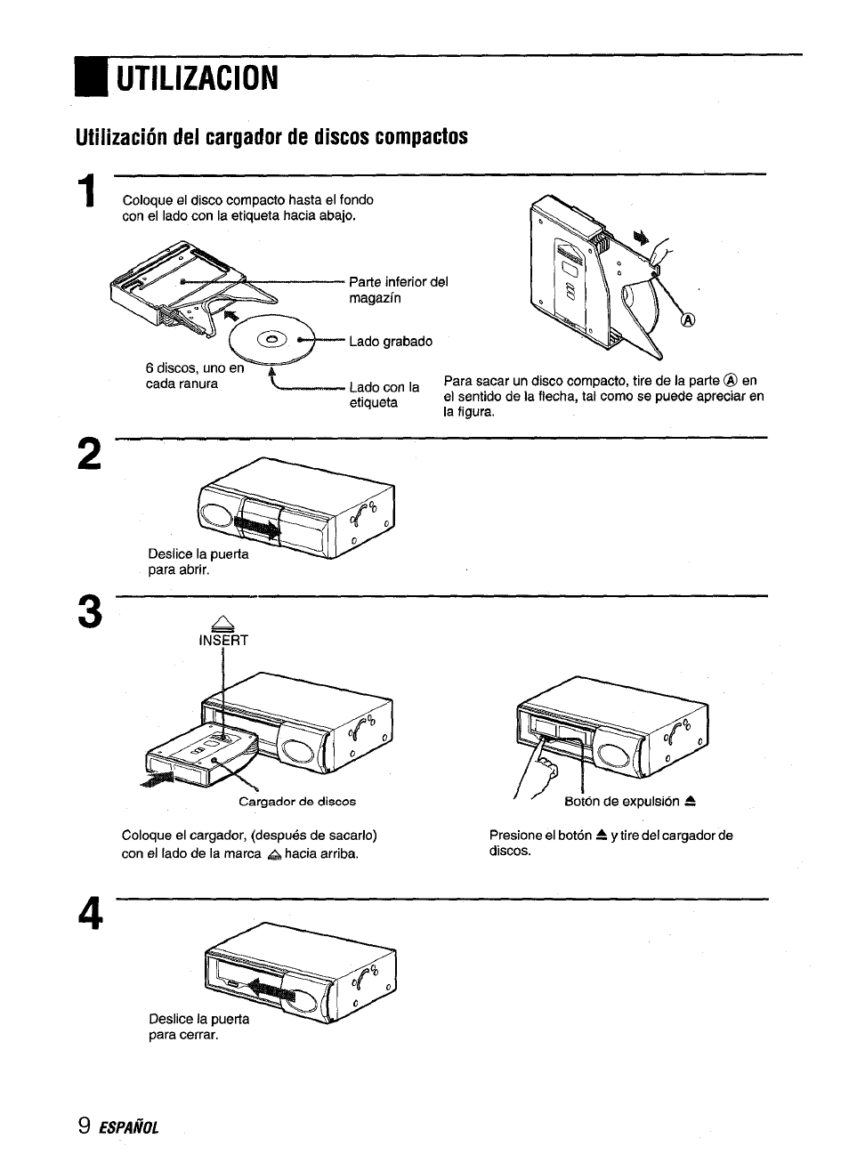 Utilización del cargador de discos compactos, Utilizacion | Aiwa ADC M55YU User Manual | Page 21 / 33