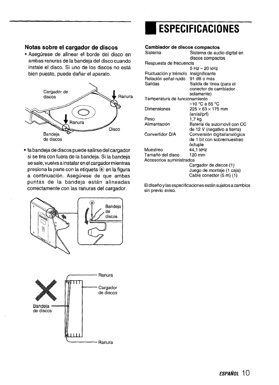 Notas sobre el cargador de discos, Especificaciones | Aiwa ADC M55YU User Manual | Page 22 / 33