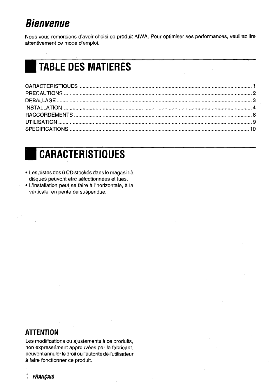 Attention, Table des matieres, Caracteristiques | Bienvenue | Aiwa ADC M55YU User Manual | Page 23 / 33