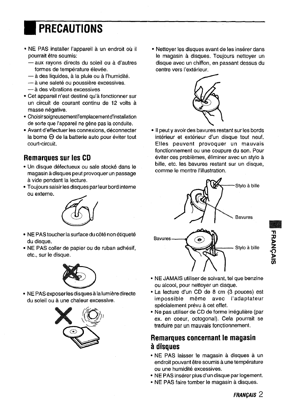 Remarques sur les cd, Remarques concernant le magasin à disques, Precautions | Aiwa ADC M55YU User Manual | Page 24 / 33