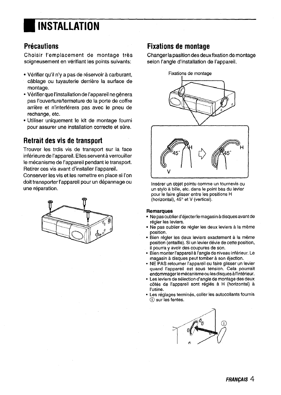 Précautions, Retrait des vis de transport, Fixations de montage | Installation | Aiwa ADC M55YU User Manual | Page 26 / 33