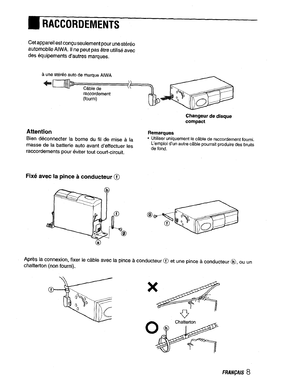 Attention, Fixé avec ia pince à conducteur (f), Raccordements | Aiwa ADC M55YU User Manual | Page 30 / 33