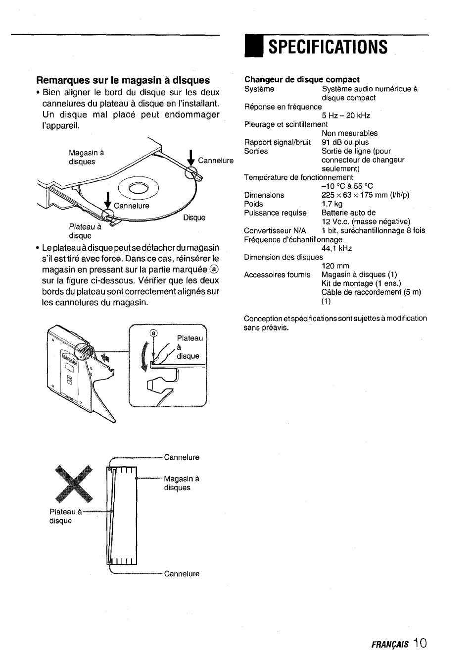 Remarques sur le magasin à disques, Specifications | Aiwa ADC M55YU User Manual | Page 32 / 33