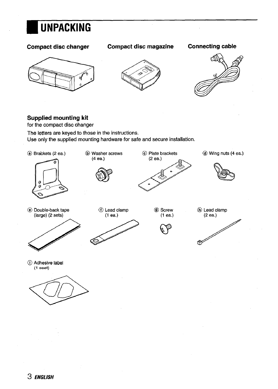 Supplied mounting kit, Unpacking | Aiwa ADC M55YU User Manual | Page 4 / 33