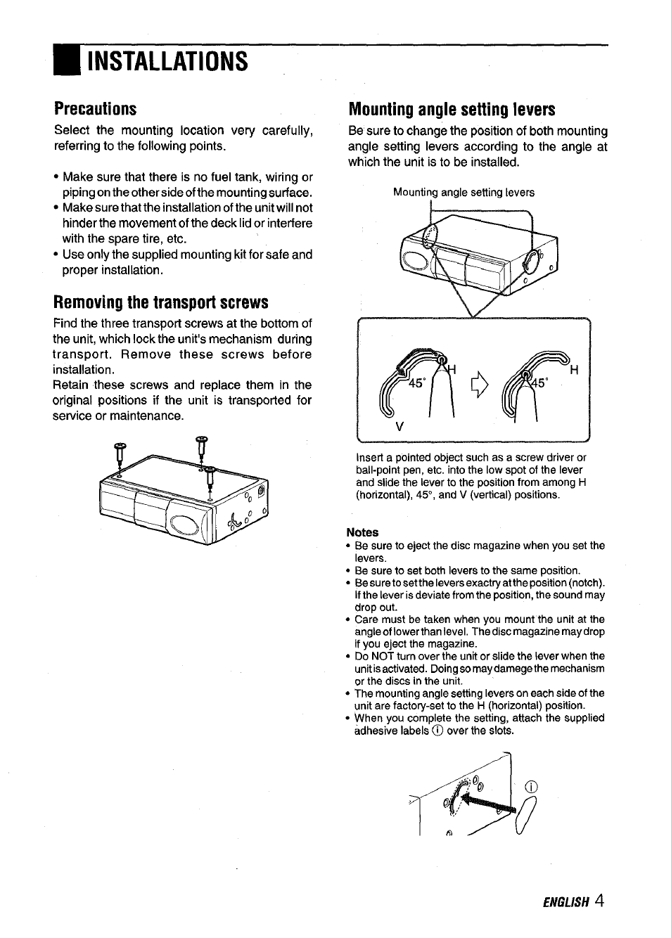 Precautions, Removing the transport screws, Mounting angie setting ievers | Installations | Aiwa ADC M55YU User Manual | Page 5 / 33