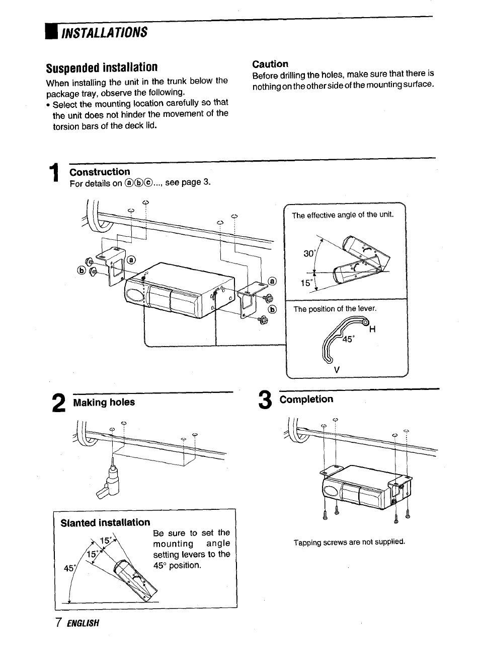 Suspended installation, Caution, Construction | 2 making holes, 2 completion, Installations | Aiwa ADC M55YU User Manual | Page 8 / 33