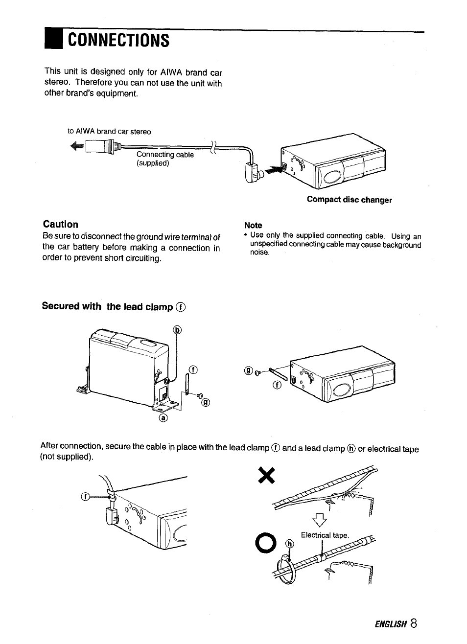 Caution, Secured with the lead clamp, Connections | Aiwa ADC M55YU User Manual | Page 9 / 33