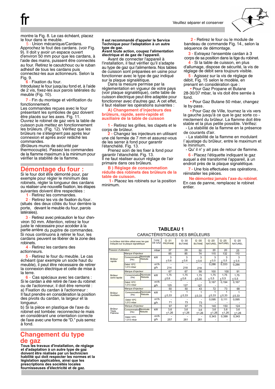 Démontage du four, Changement du type de gaz, Tableau 1 | Siemens EG20158EU User Manual | Page 10 / 24