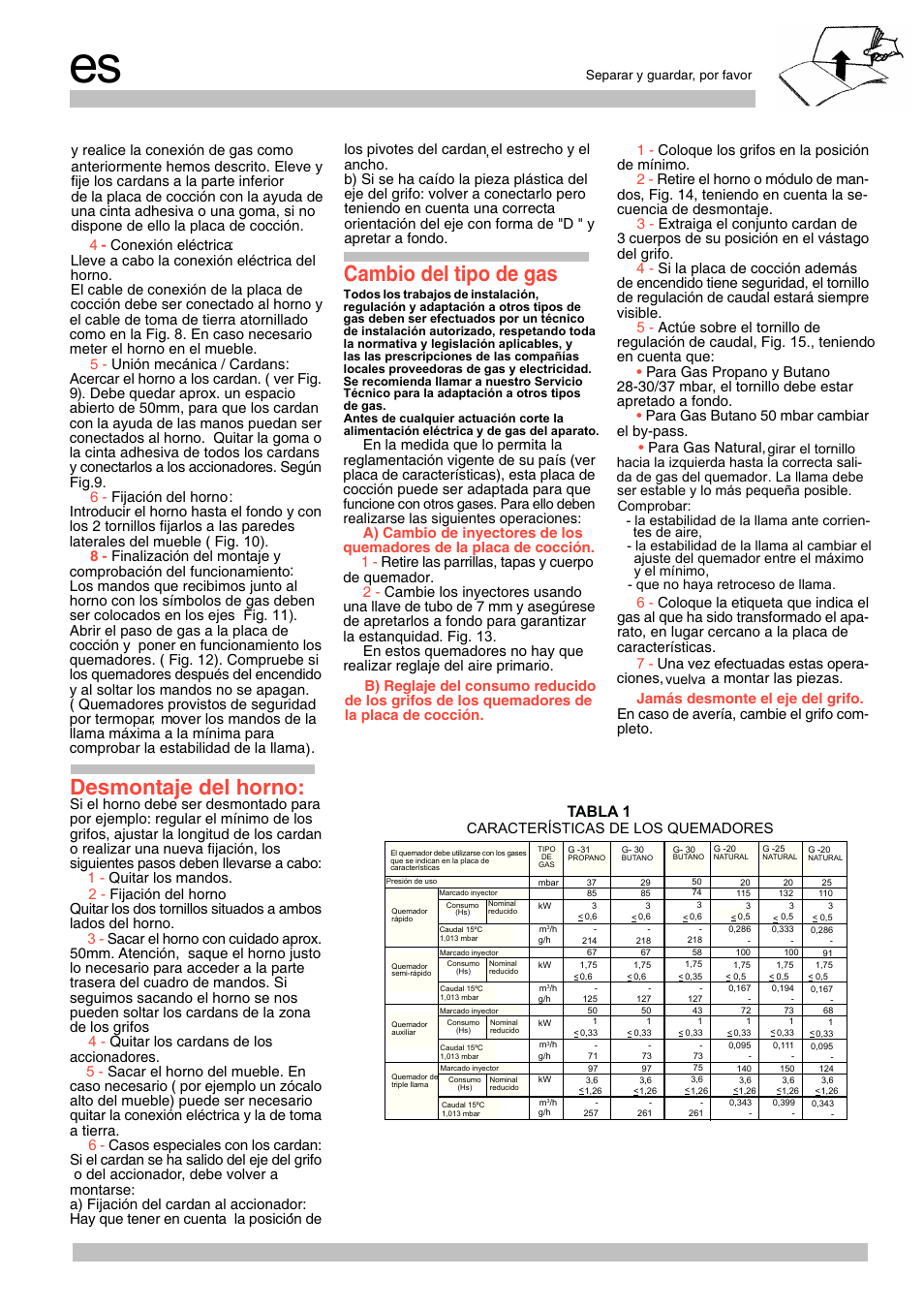 Desmontaje del horno, Cambio del tipo de gas, Tabla 1 | Siemens EG20158EU User Manual | Page 14 / 24