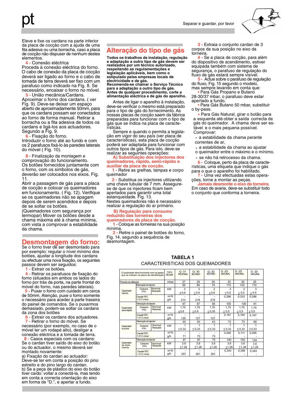 Desmontagem do forno, Alteração do tipo de gás, Tabela 1 | Conexão eléctrica | Siemens EG20158EU User Manual | Page 18 / 24