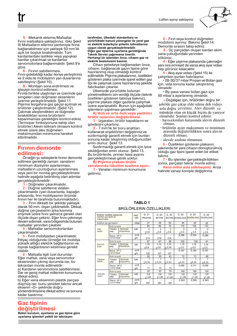 Fýrýnýn demonte edilmesi, Gaz tipinin deðiþtirilmesi, Sola do ğru ve olmalıdır. şunları kontrol ediniz | Alevde azalma olmaması. çeviriniz. a lev düzenli, Şekilde gaz çıkışı elde edene dek vidayı, Brülörlerin özellikleri, Tablo 1 | Siemens EG20158EU User Manual | Page 20 / 24