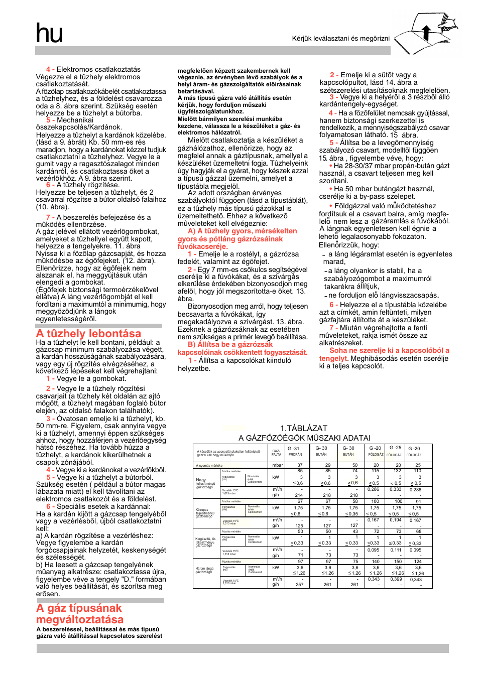 A tûzhely lebontása, A gáz típusának megváltoztatása, Táblázat | A gázfozoégok muszaki adatai | Siemens EG20158EU User Manual | Page 22 / 24