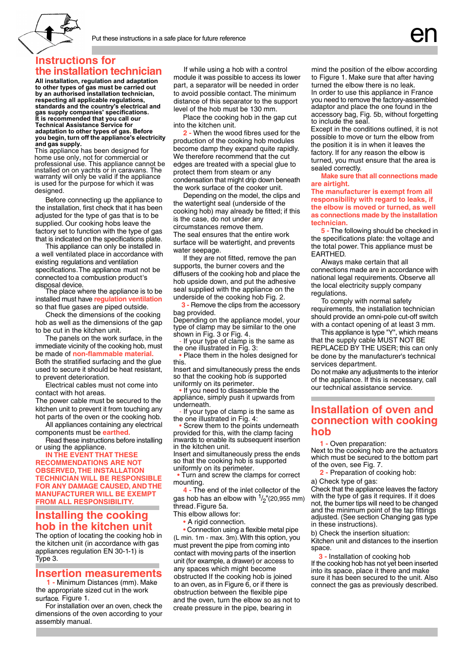 Instructions for the installation technician, Installing the cooking hob in the kitchen unit, Insertion measurements | Siemens EG20158EU User Manual | Page 5 / 24