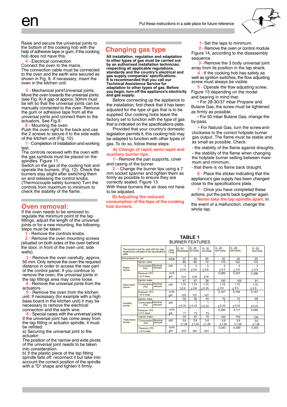 Oven removal, Changing gas type, Table 1 | Siemens EG20158EU User Manual | Page 6 / 24