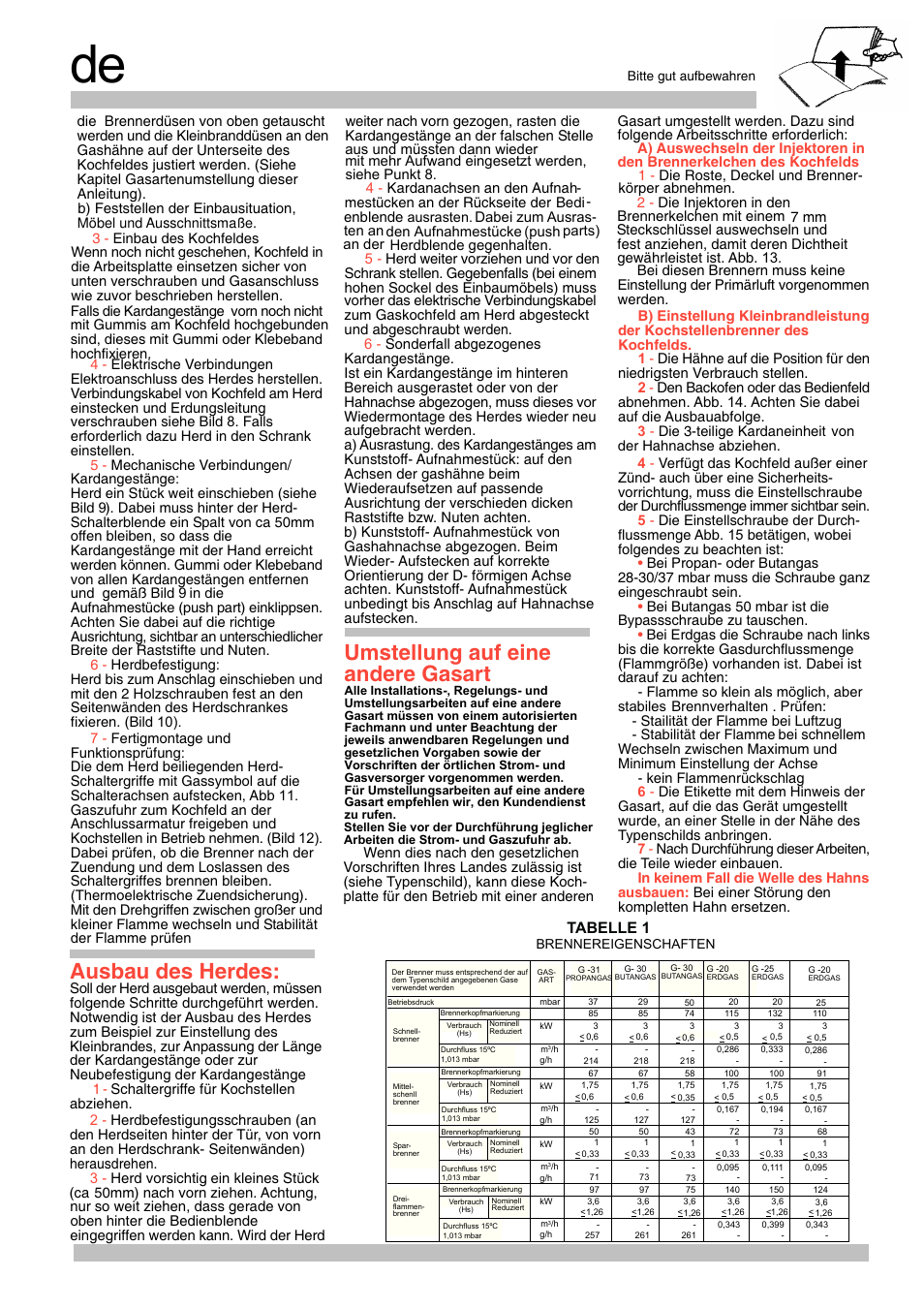 Umstellung auf eine andere gasart, Ausbau des herdes, Tabelle 1 | Siemens EG20158EU User Manual | Page 8 / 24