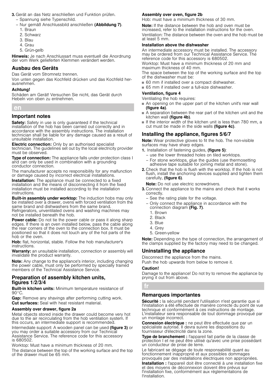 Gerät an das netz anschließen und funktion prüfen, Hinweis, Ausbau des geräts | Das gerät vom stromnetz trennen, Achtung, Important notes, Note, Assembly over drawer, figure 2a, Worktop: must have a minimum thickness of 20 mm, Assembly over oven, figure 2b | Siemens EH845FT17E User Manual | Page 5 / 15