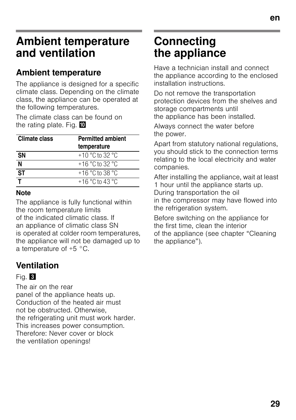 Ambient temperature and ventilation, Ambient temperature, Ventilation | Connecting the appliance, And ventilation connecting the appliance, En 29 | Siemens GS36DPI20 User Manual | Page 29 / 114