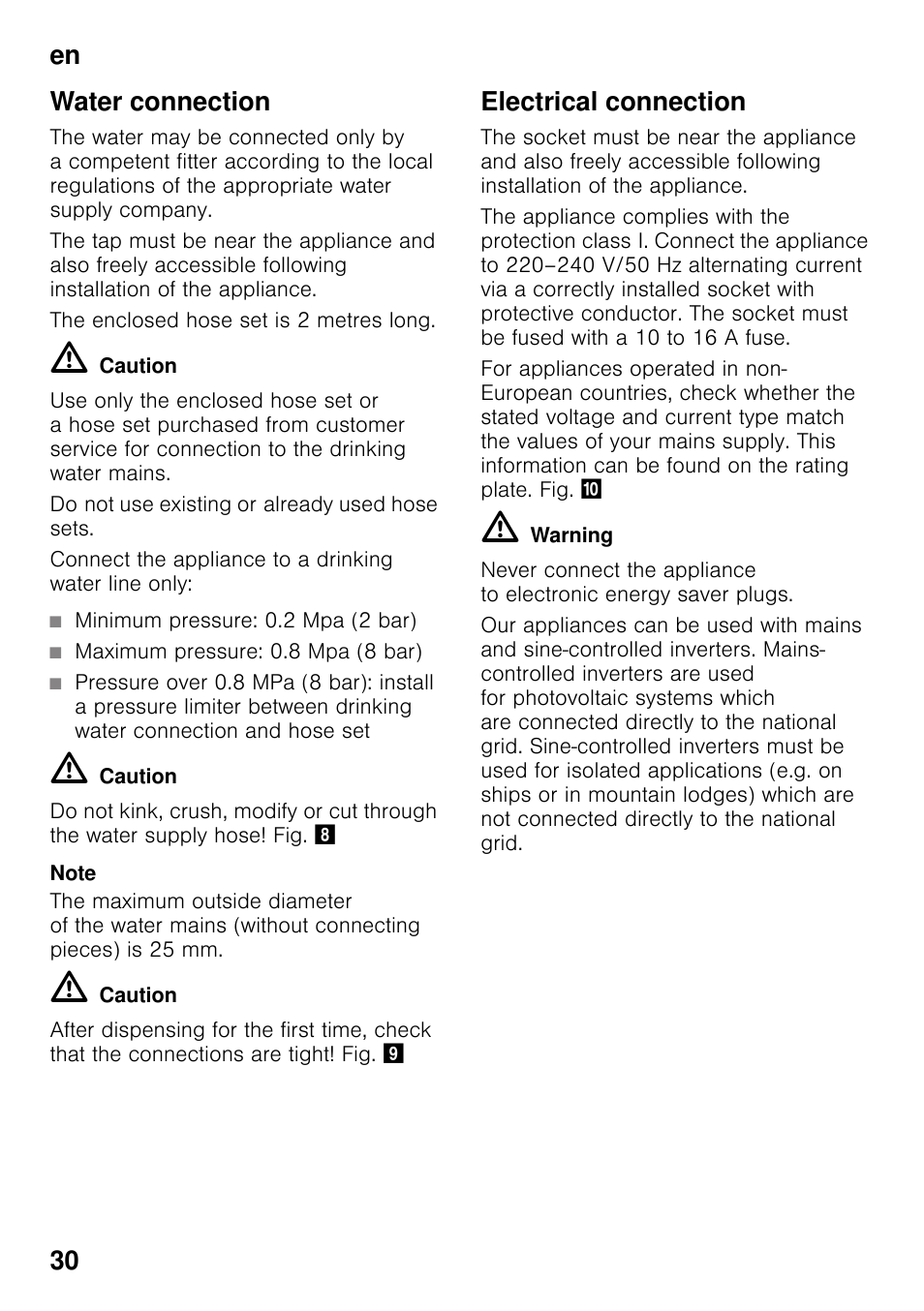 Water connection, Minimum pressure: 0.2 mpa (2 bar), Maximum pressure: 0.8 mpa (8 bar) | Electrical connection, En 30 water connection | Siemens GS36DPI20 User Manual | Page 30 / 114