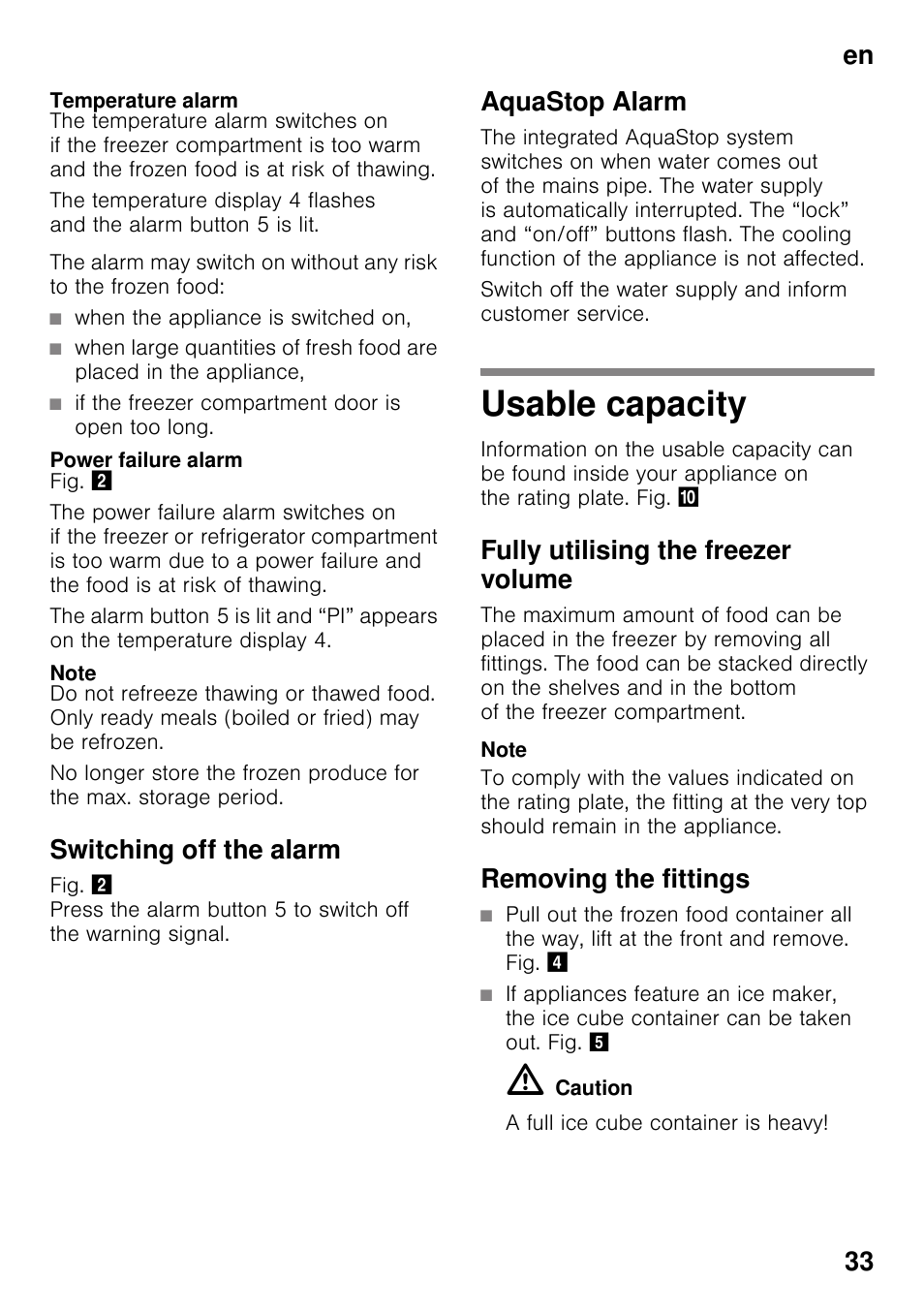 Temperature alarm, When the appliance is switched on, If the freezer compartment door is open too long | Power failure alarm, Note, Switching off the alarm, Aquastop alarm, Usable capacity, Fully utilising the freezer volume, Removing the fittings | Siemens GS36DPI20 User Manual | Page 33 / 114