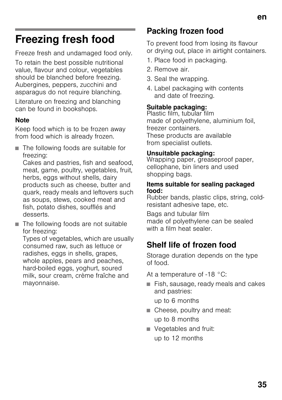 Freezing fresh food, Packing frozen food, Suitable packaging | Unsuitable packaging, Items suitable for sealing packaged food, Shelf life of frozen food, Fish, sausage, ready meals and cakes and pastries, Up to 6 months, Cheese, poultry and meat, Up to 8 months | Siemens GS36DPI20 User Manual | Page 35 / 114