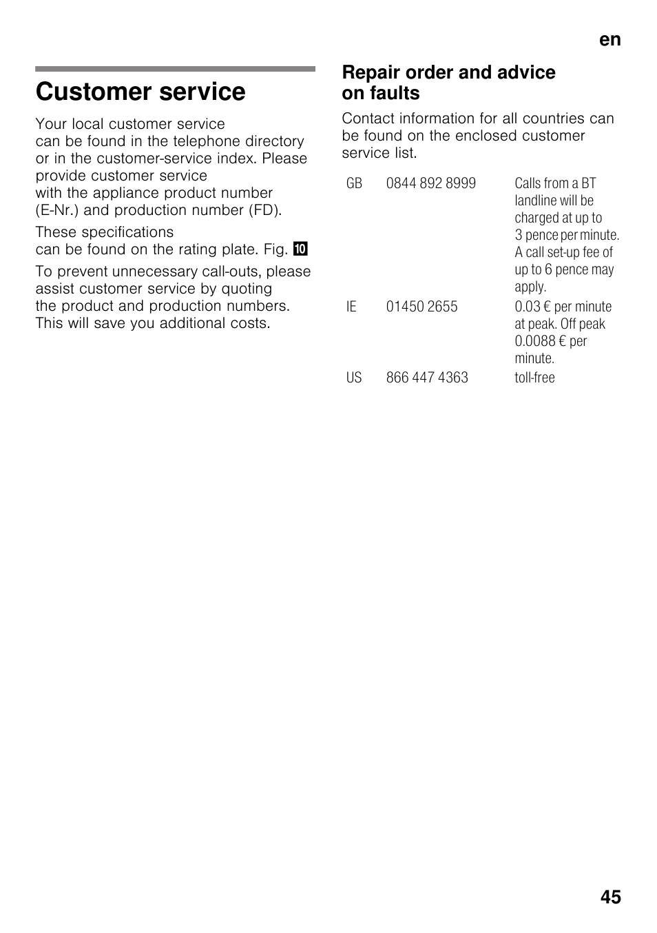 Customer service, Repair order and advice on faults, En 45 | Siemens GS36DPI20 User Manual | Page 45 / 114