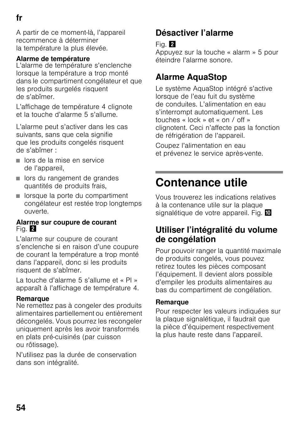 Alarme de température, Lors de la mise en service de l’appareil, Alarme sur coupure de courant | Remarque, Désactiver l’alarme, Alarme aquastop, Contenance utile, Utiliser l’intégralité du volume de congélation, Fr 54 | Siemens GS36DPI20 User Manual | Page 54 / 114