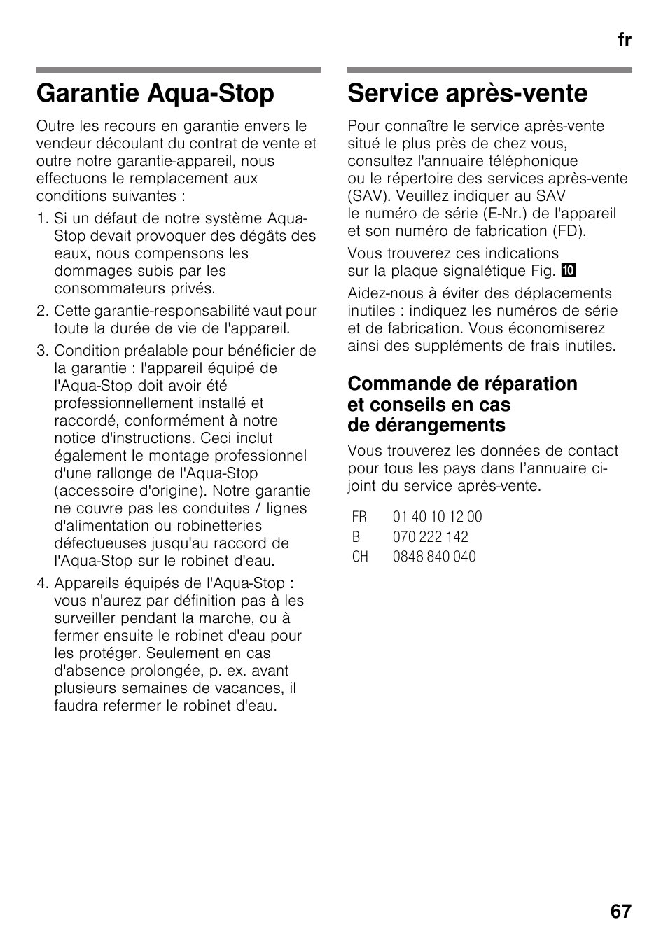 Garantie aqua-stop, Service après-vente, Garantie aqua-stop service après-vente | Fr 67 | Siemens GS36DPI20 User Manual | Page 67 / 114