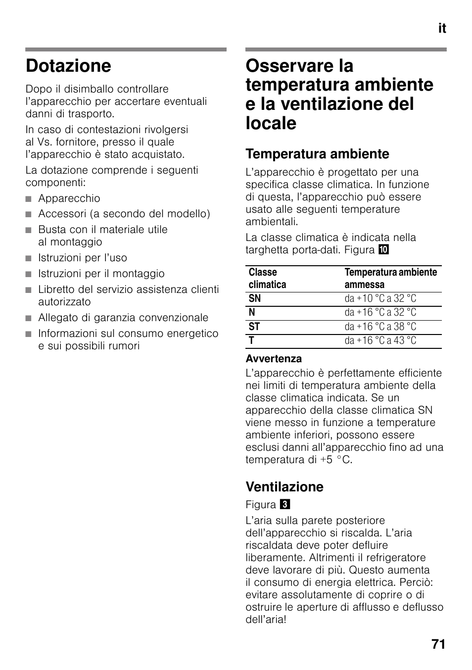 Dotazione, La dotazione comprende i seguenti componenti, Apparecchio | Accessori (a secondo del modello), Busta con il materiale utile al montaggio, Istruzioni per l’uso, Istruzioni per il montaggio, Allegato di garanzia convenzionale, Temperatura ambiente, Ventilazione | Siemens GS36DPI20 User Manual | Page 71 / 114