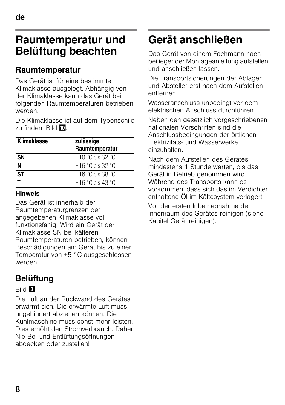Raumtemperatur und belüftung beachten, Raumtemperatur, Belüftung | Gerät anschließen, Beachten gerät anschließen, De 8 | Siemens GS36DPI20 User Manual | Page 8 / 114