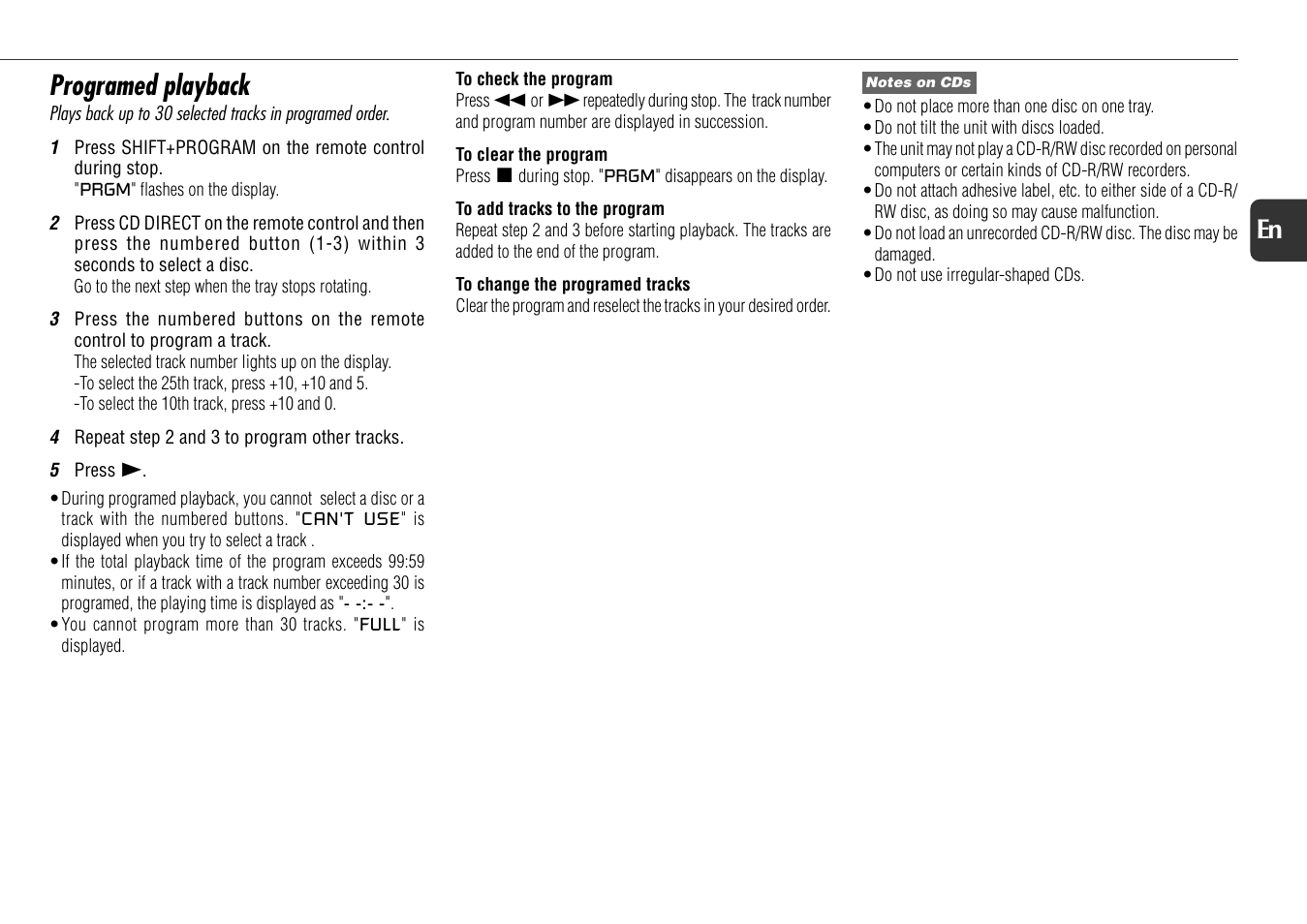 Programed playback, 11 en | Aiwa NSX-D30 User Manual | Page 11 / 22