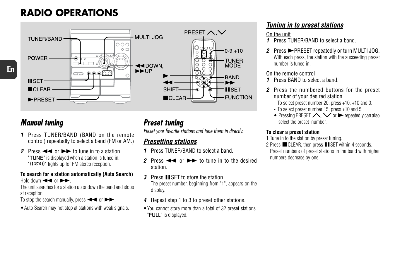 Radio operations, Manual tuning, Preset tuning | 12 en | Aiwa NSX-D30 User Manual | Page 12 / 22