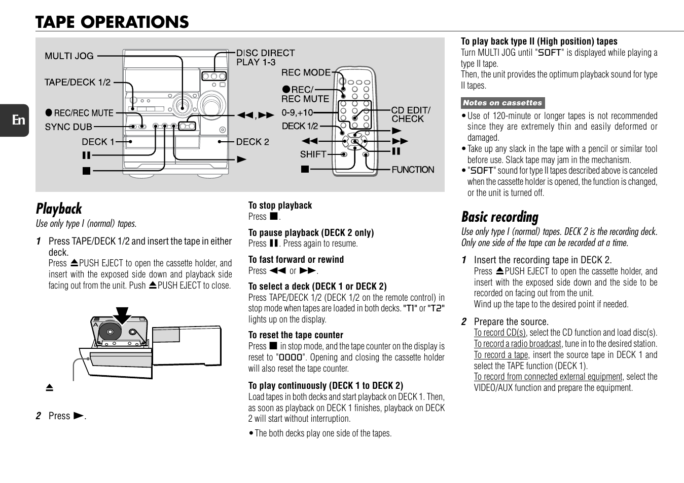 Tape operations, Playback, Basic recording | 14 en | Aiwa NSX-D30 User Manual | Page 14 / 22