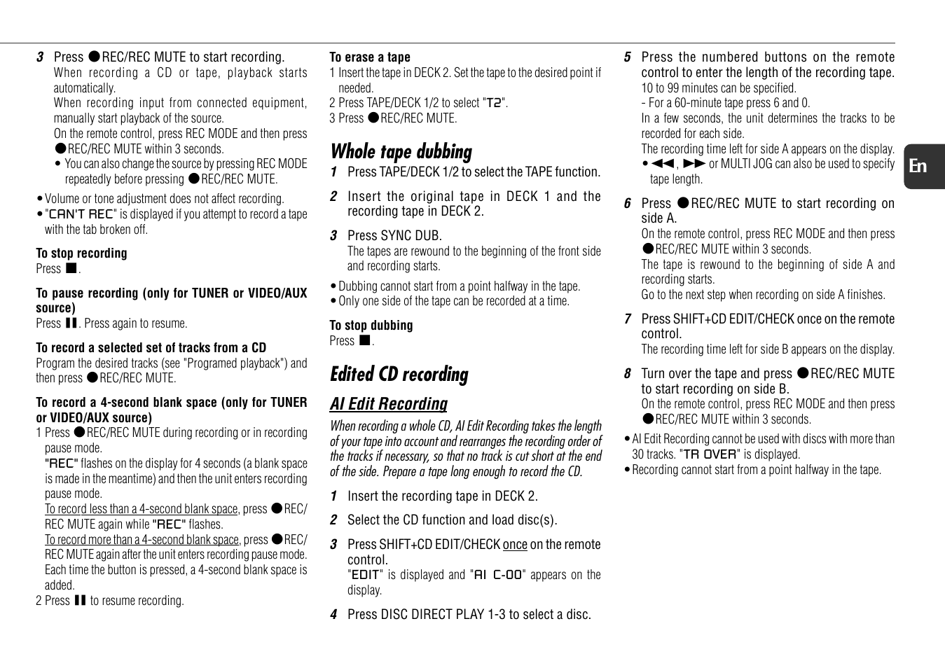 Whole tape dubbing, Edited cd recording, 15 en | Aiwa NSX-D30 User Manual | Page 15 / 22