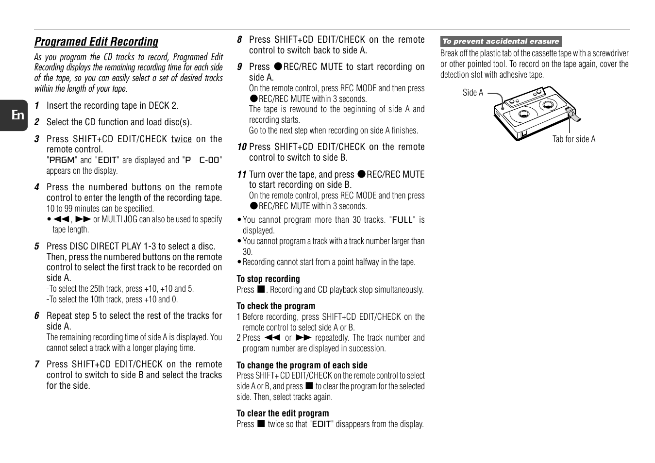 16 en, Programed edit recording | Aiwa NSX-D30 User Manual | Page 16 / 22